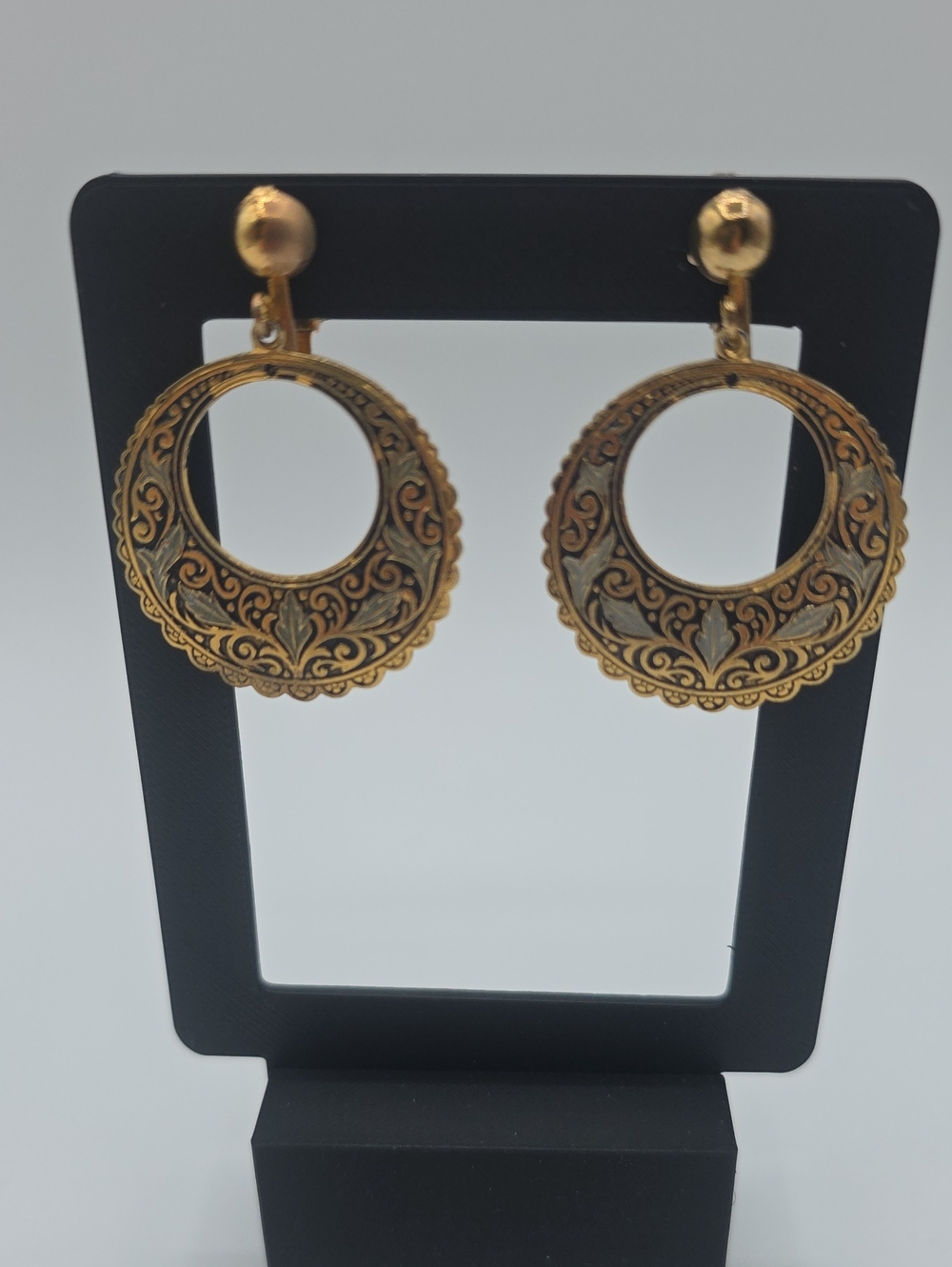Damascene Gold Filigree Hoop Drop Earrings - Made In Spain Vintage